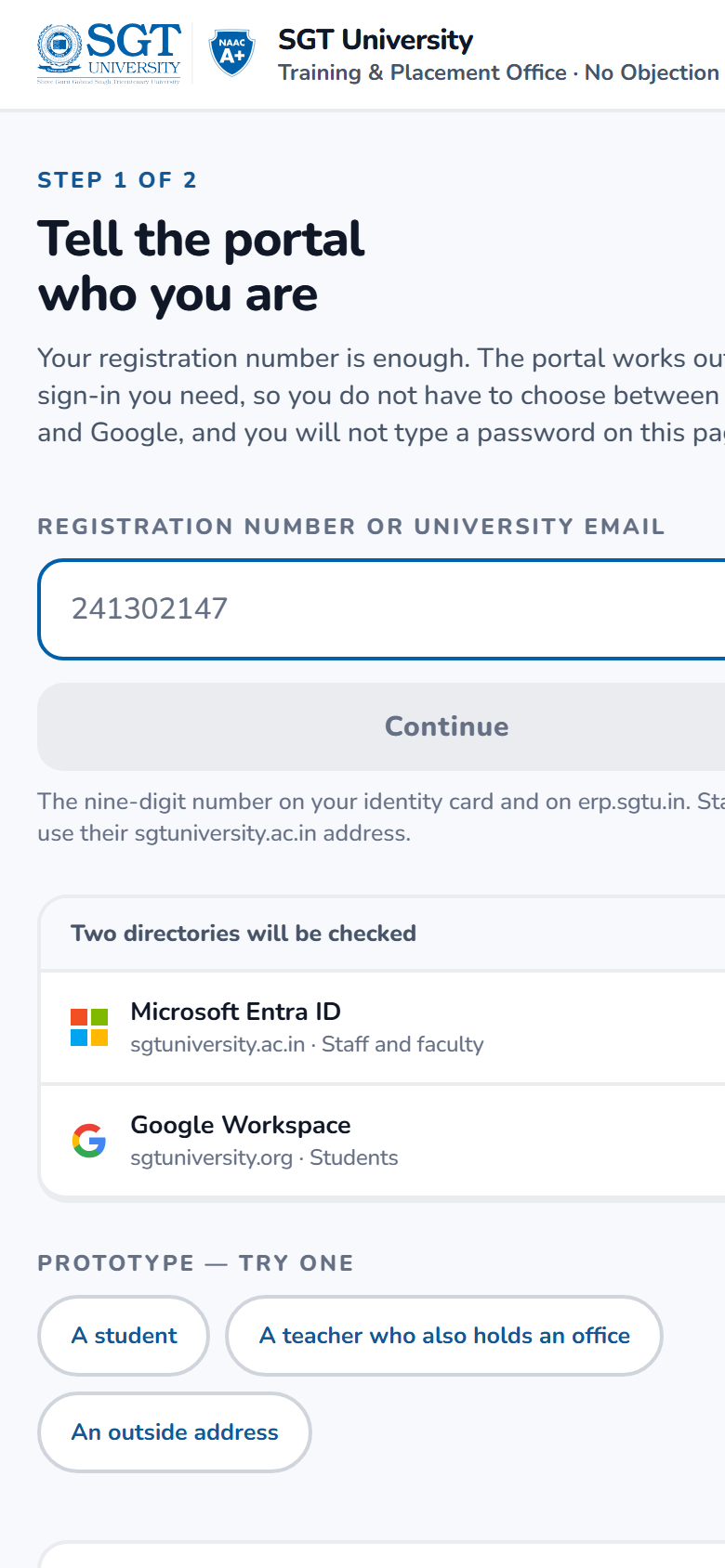 Sign in and role detection — Shown at 390 px — a student’s phone